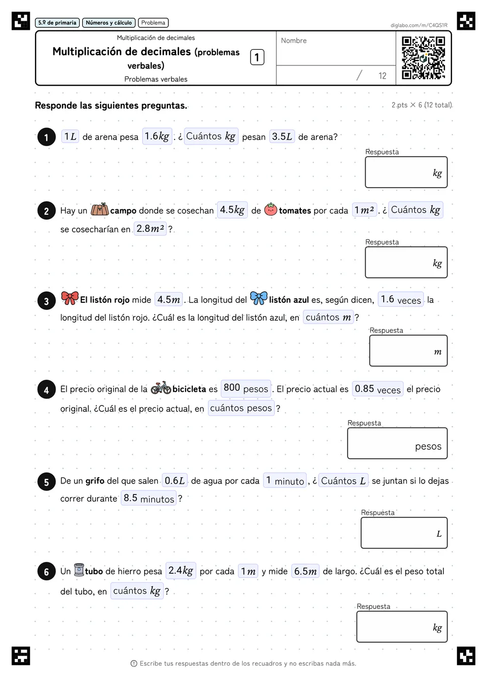 5.º de primaria Multiplicación de decimales Multiplicación de decimales (problemas verbales)