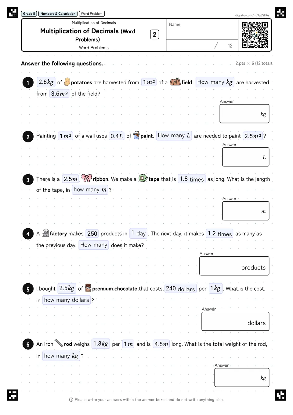 Grade 5 (Elementary School) Multiplication of Decimals Multiplication of Decimals (Word Problems)