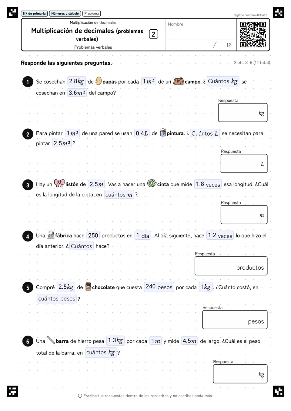 5.º de primaria Multiplicación de decimales Multiplicación de decimales (problemas verbales)