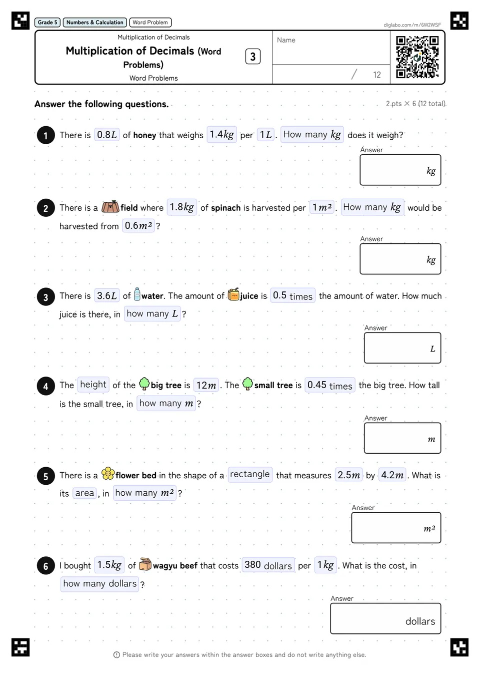 Grade 5 (Elementary School) Multiplication of Decimals Multiplication of Decimals (Word Problems)