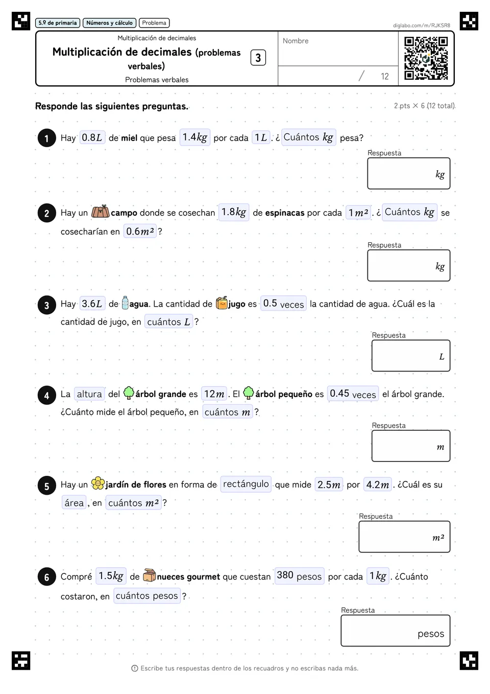 5.º de primaria Multiplicación de decimales Multiplicación de decimales (problemas verbales)
