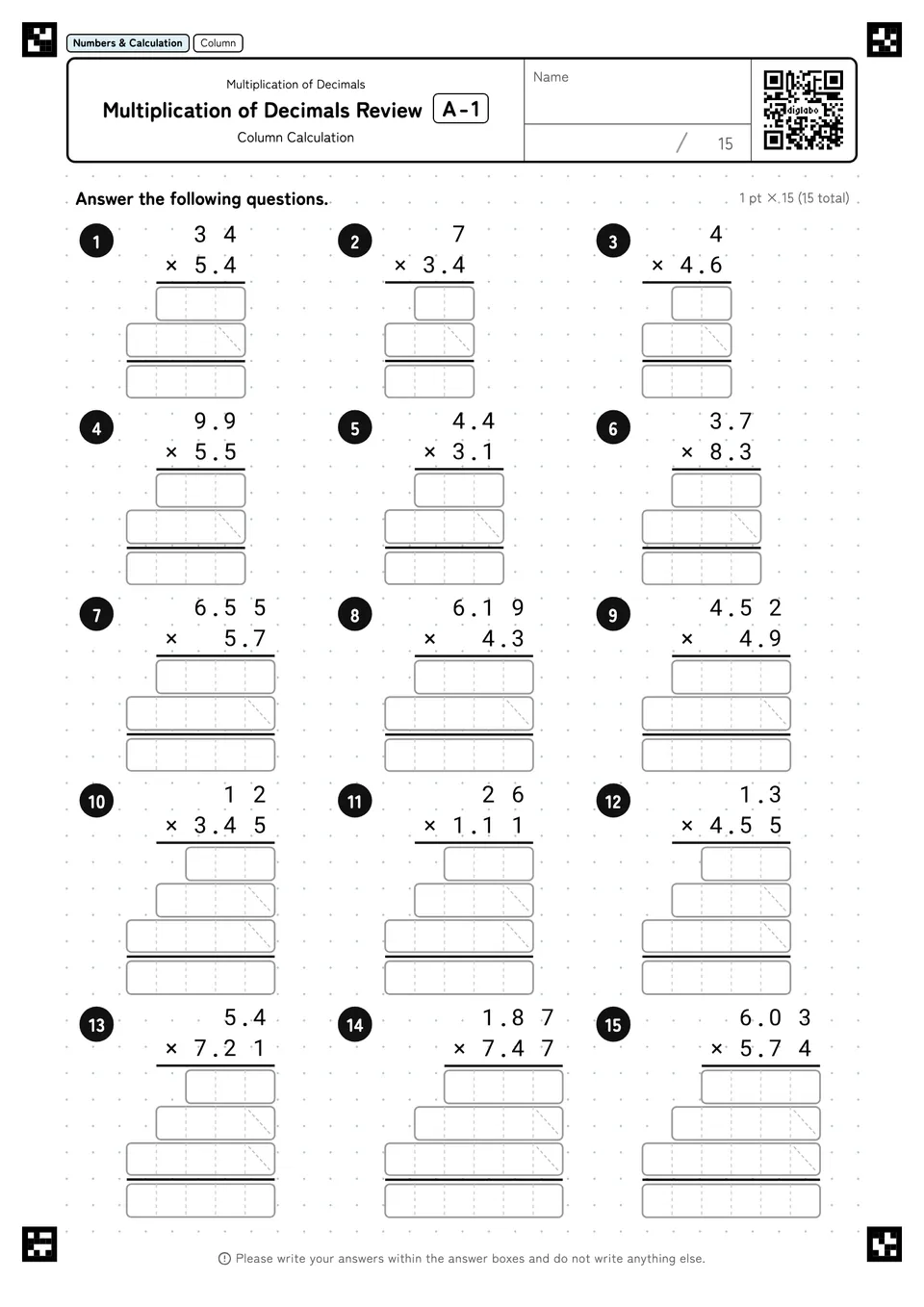 Multiplication of Decimals Review A-1