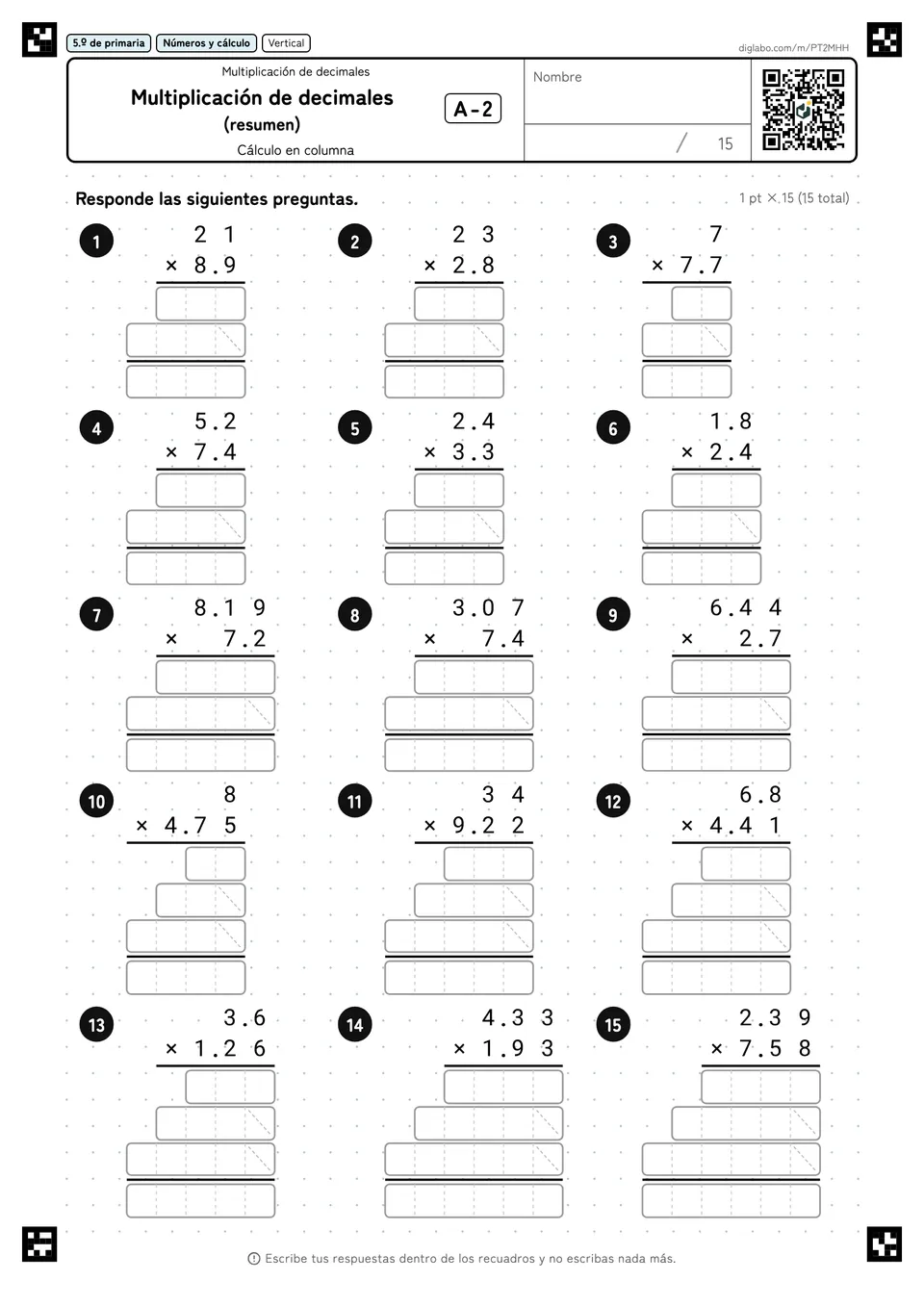 5.º de primaria Multiplicación de decimales Multiplicación de decimales (resumen)