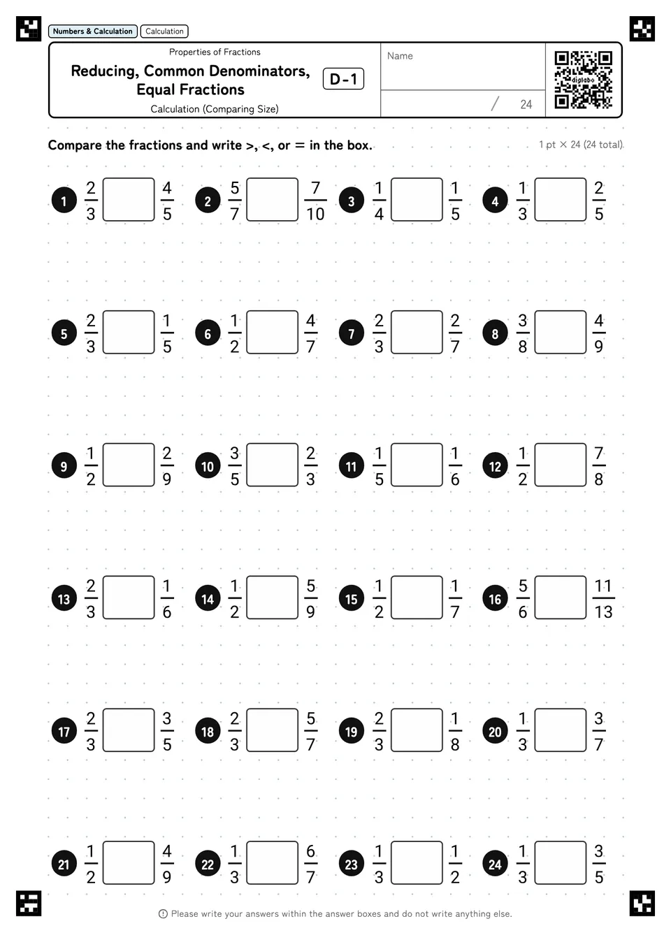 Reducing, Common Denominators, Equal Fractions D-1