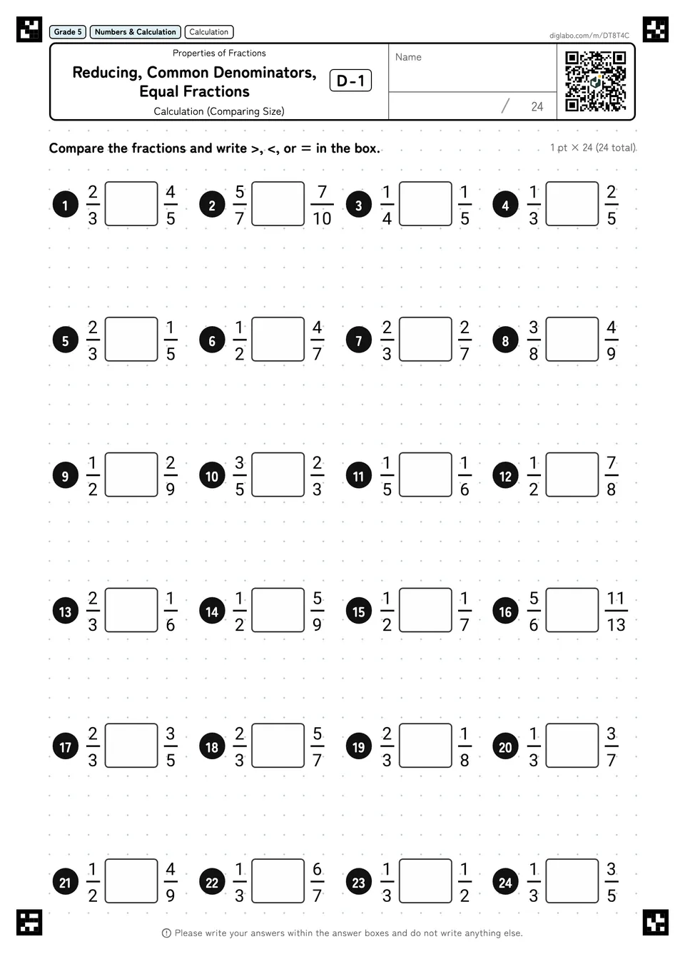 Grade 5 (Elementary School) Properties of Fractions Reducing, Common Denominators, Equal Fractions