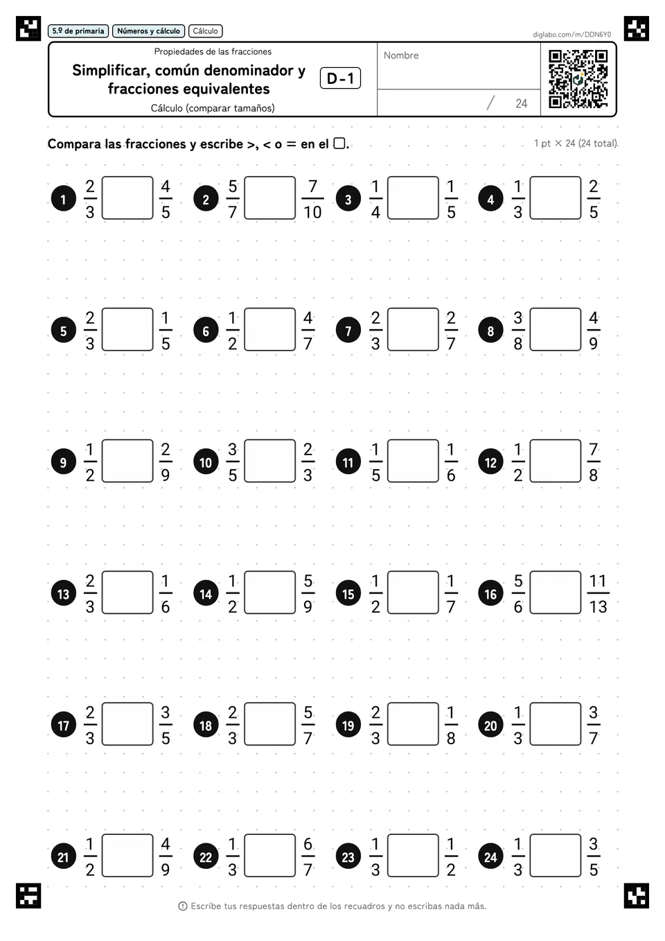 5.º de primaria Propiedades de las fracciones Simplificar, común denominador y fracciones equivalentes