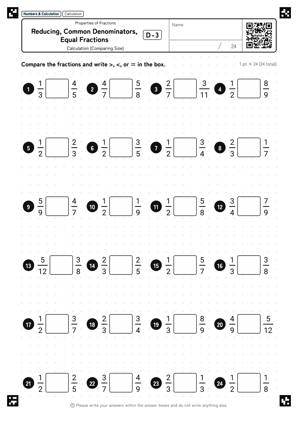 Reducing, Common Denominators, Equal Fractions D-3