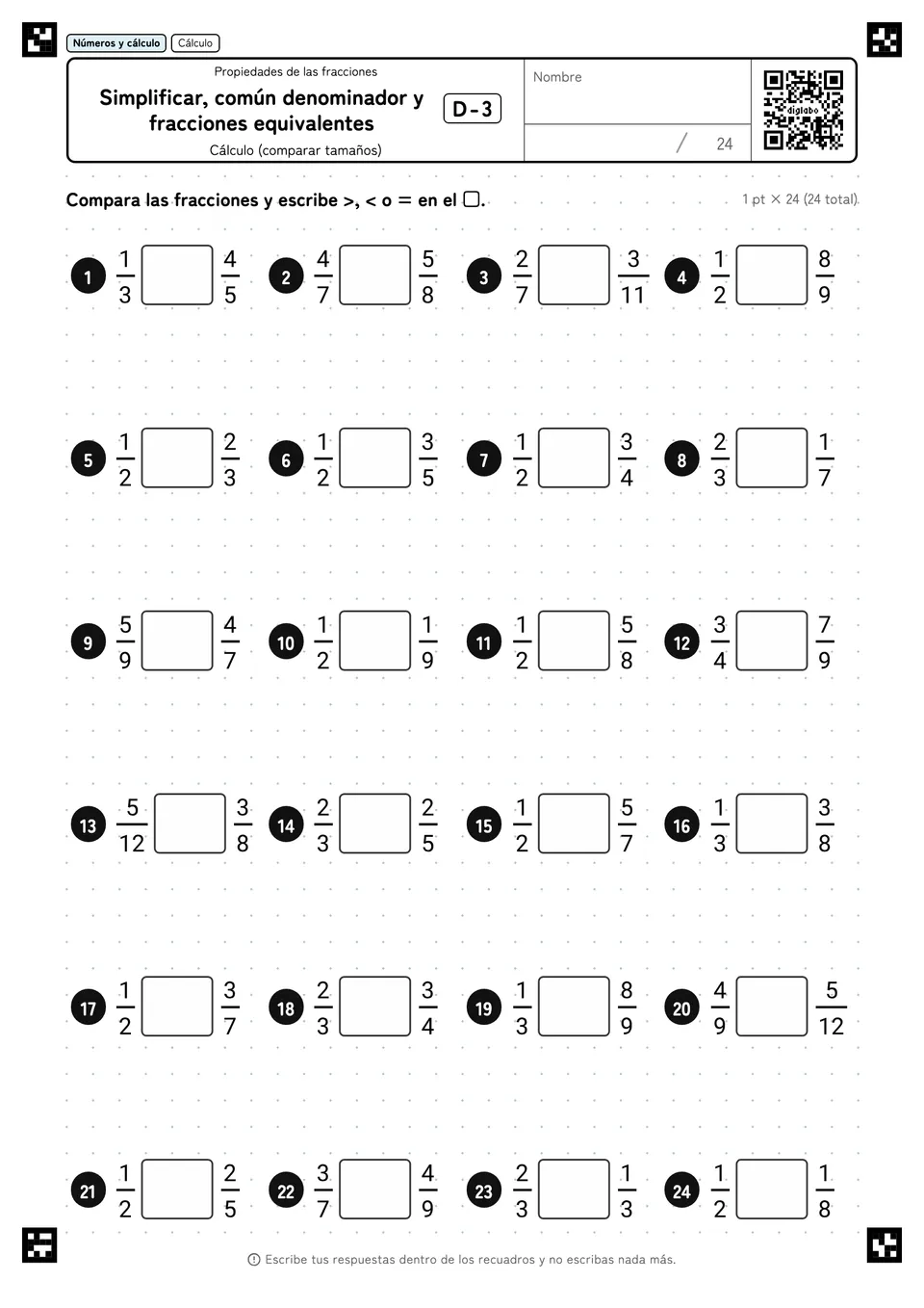 Simplificar, común denominador y fracciones equivalentes D-3