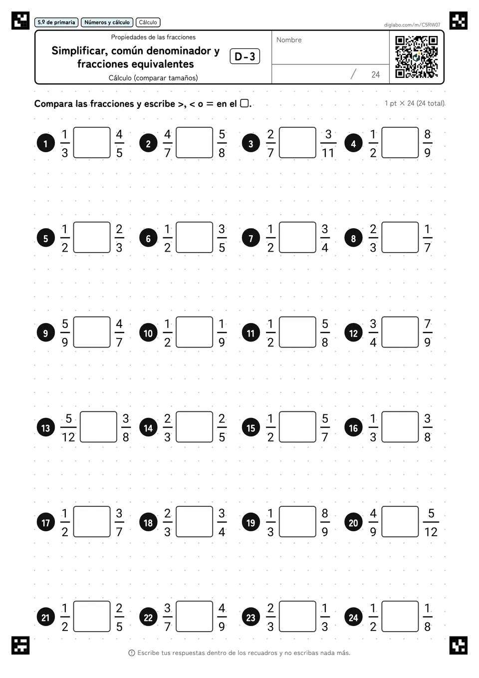 5.º de primaria Propiedades de las fracciones Simplificar, común denominador y fracciones equivalentes