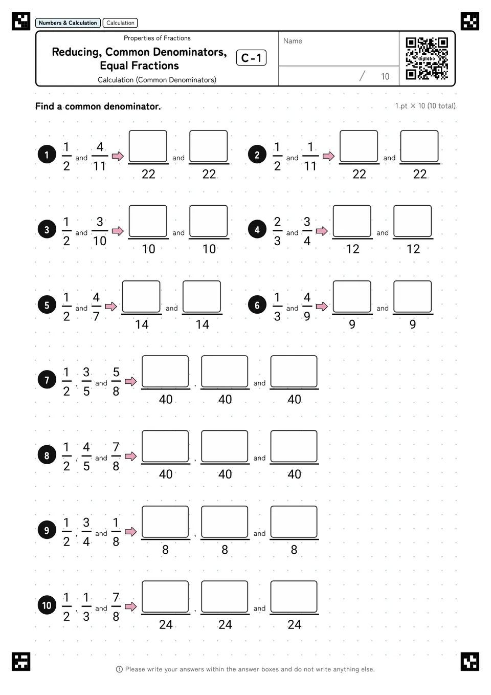 Reducing, Common Denominators, Equal Fractions C-1