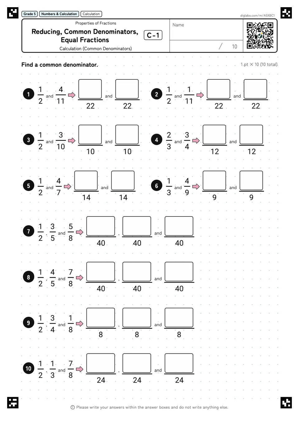 Grade 5 (Elementary School) Properties of Fractions Reducing, Common Denominators, Equal Fractions
