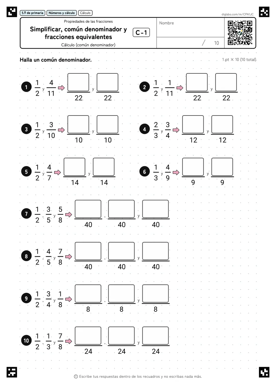 5.º de primaria Propiedades de las fracciones Simplificar, común denominador y fracciones equivalentes