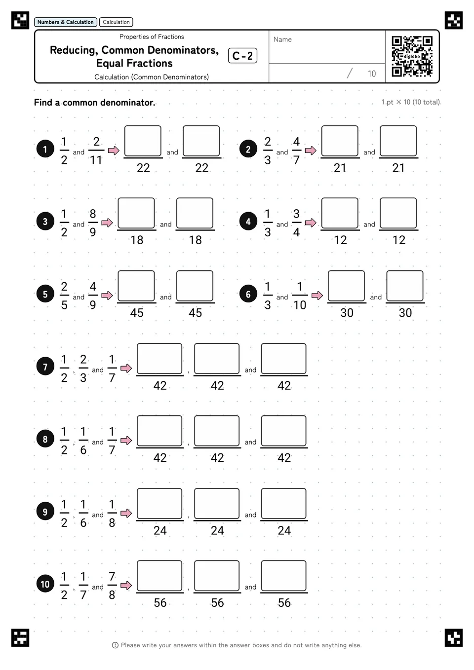 Reducing, Common Denominators, Equal Fractions C-2