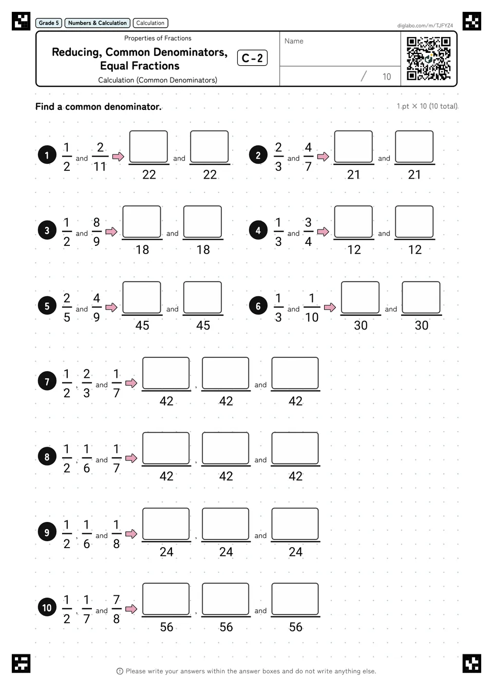 Grade 5 (Elementary School) Properties of Fractions Reducing, Common Denominators, Equal Fractions
