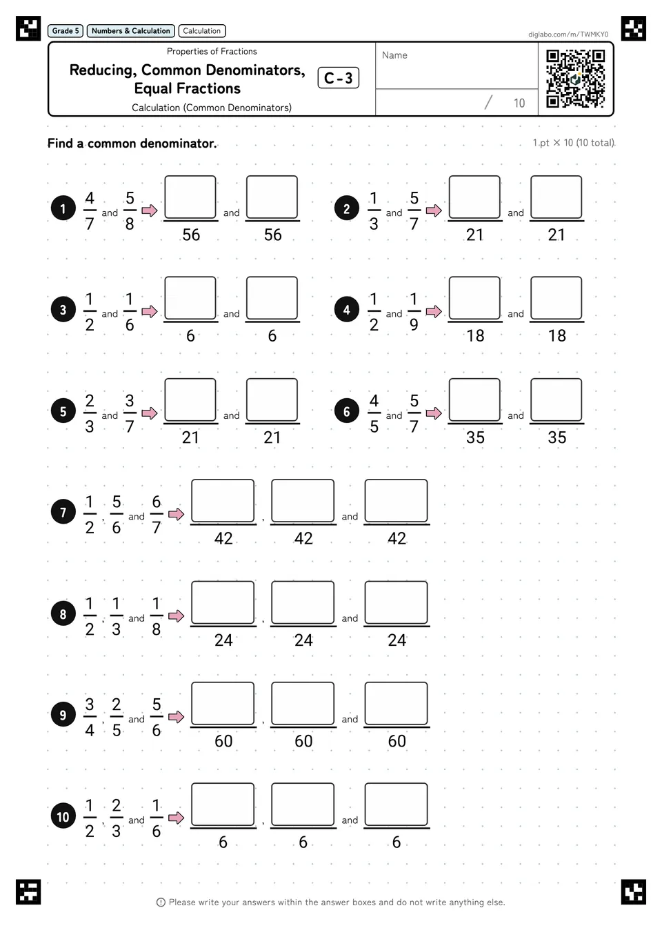 Grade 5 (Elementary School) Properties of Fractions Reducing, Common Denominators, Equal Fractions