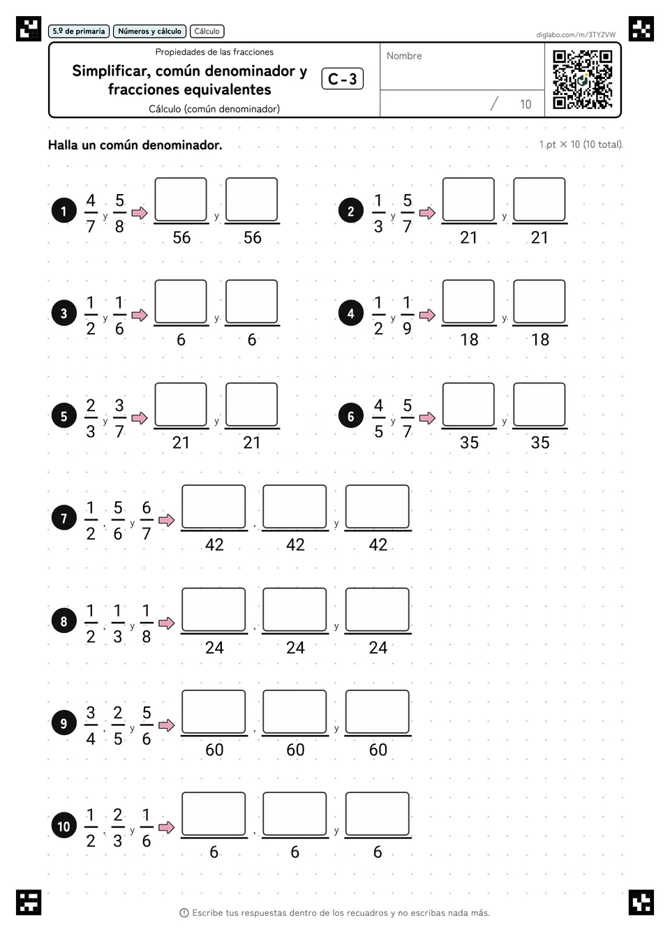 5.º de primaria Propiedades de las fracciones Simplificar, común denominador y fracciones equivalentes