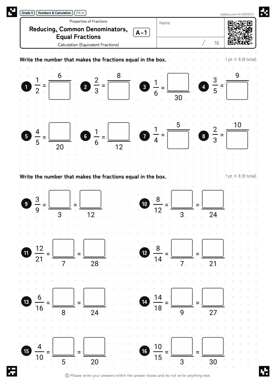 Grade 5 (Elementary School) Properties of Fractions Reducing, Common Denominators, Equal Fractions