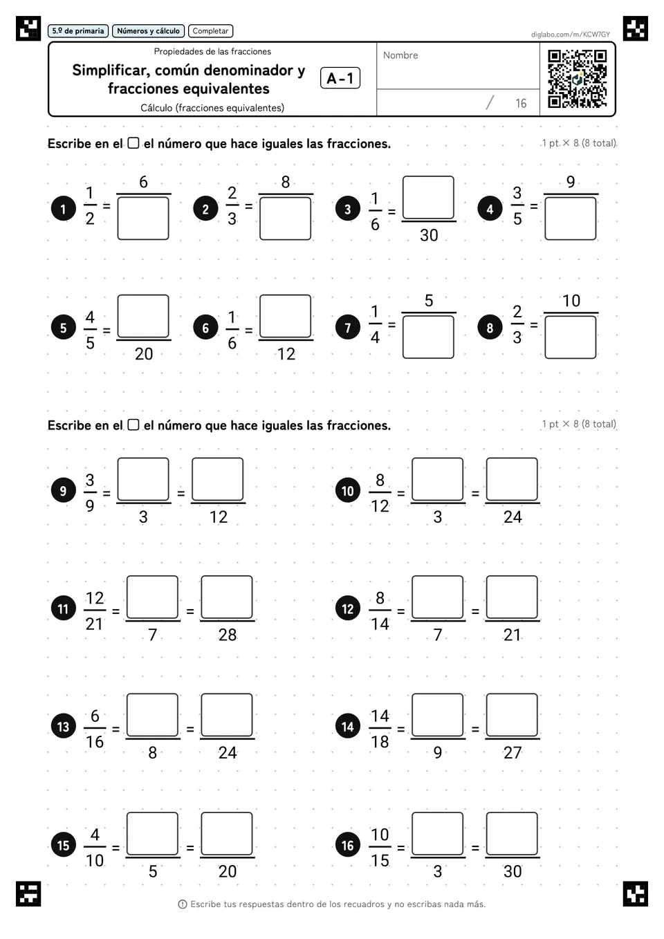 5.º de primaria Propiedades de las fracciones Simplificar, común denominador y fracciones equivalentes
