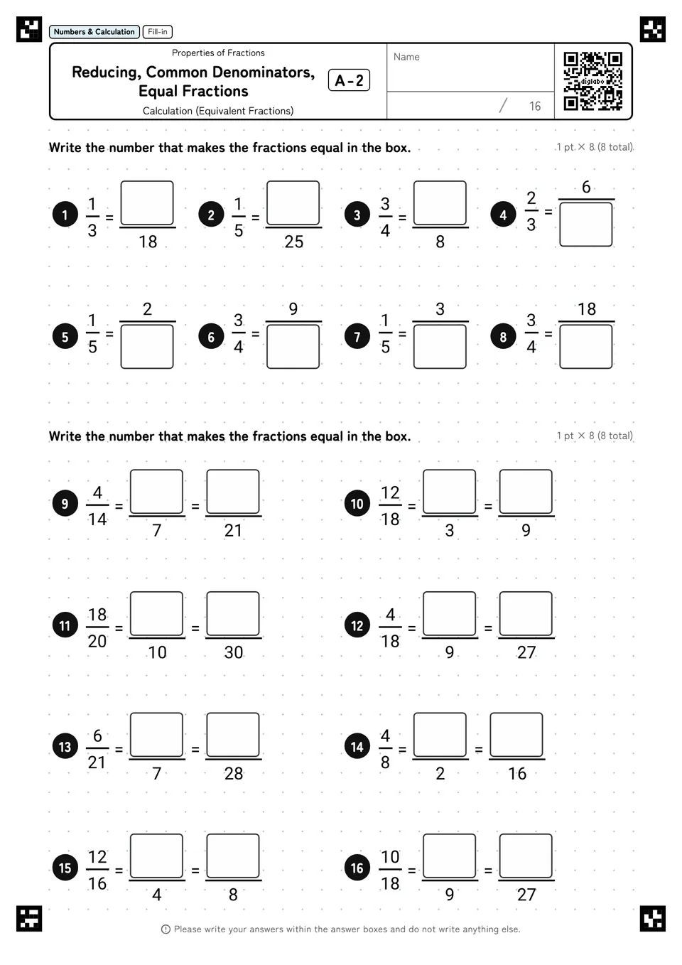 Reducing, Common Denominators, Equal Fractions A-2