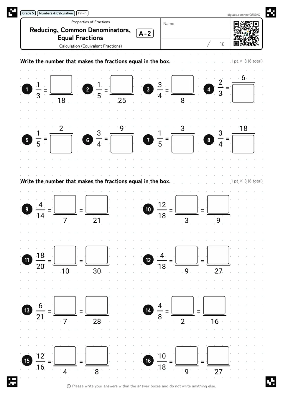 Grade 5 (Elementary School) Properties of Fractions Reducing, Common Denominators, Equal Fractions