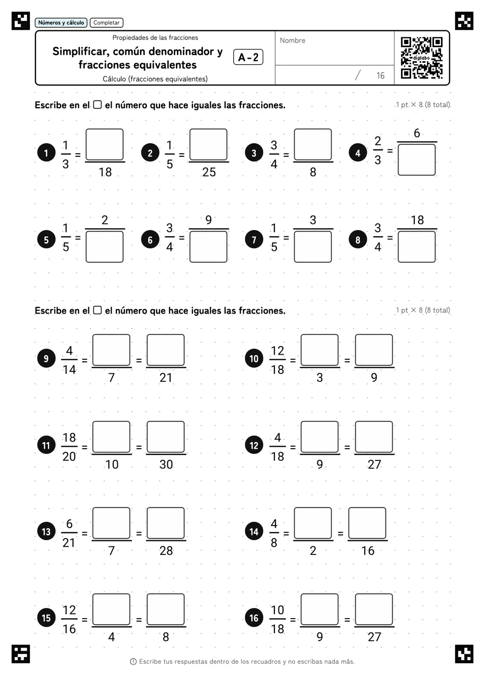 Simplificar, común denominador y fracciones equivalentes A-2