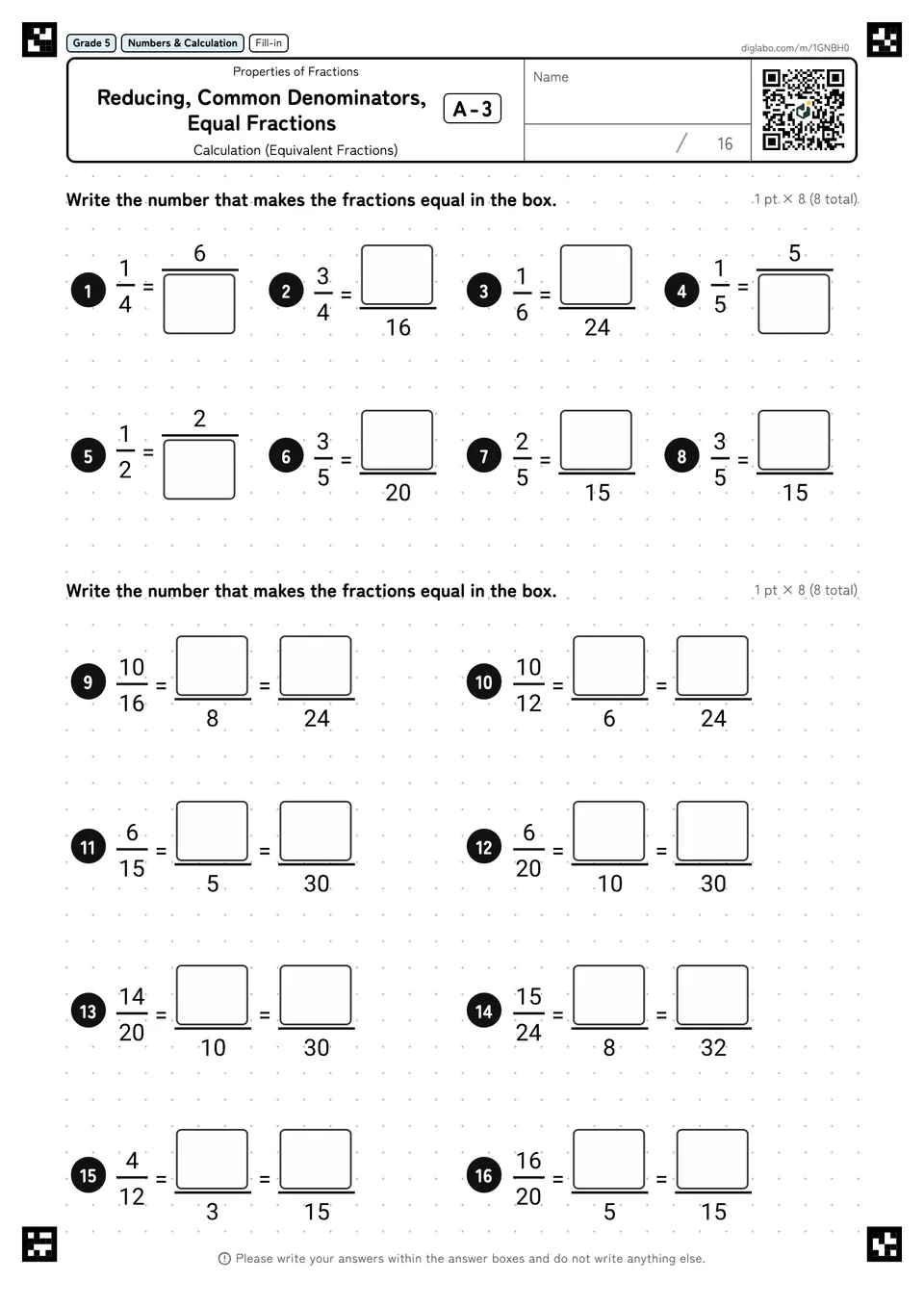 Grade 5 (Elementary School) Properties of Fractions Reducing, Common Denominators, Equal Fractions