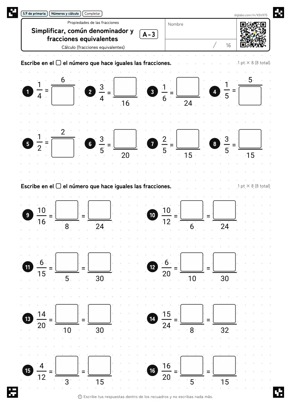 5.º de primaria Propiedades de las fracciones Simplificar, común denominador y fracciones equivalentes