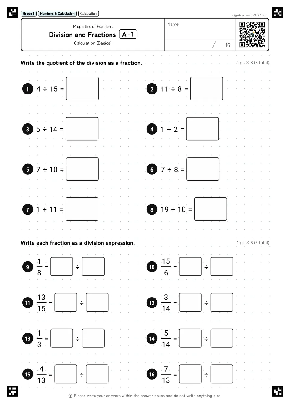 Grade 5 (Elementary School) Properties of Fractions Division and Fractions