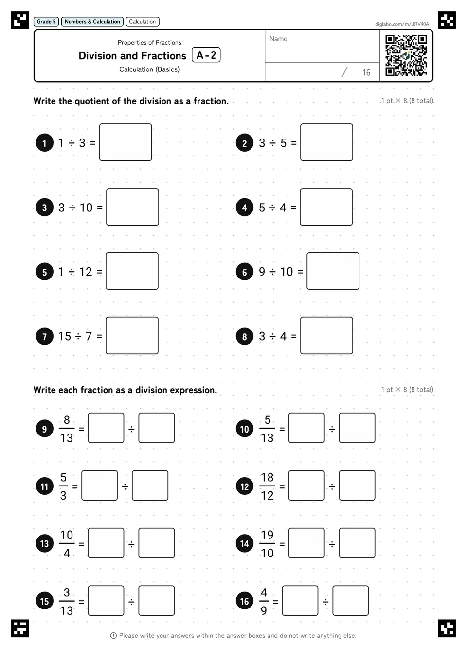 Grade 5 (Elementary School) Properties of Fractions Division and Fractions