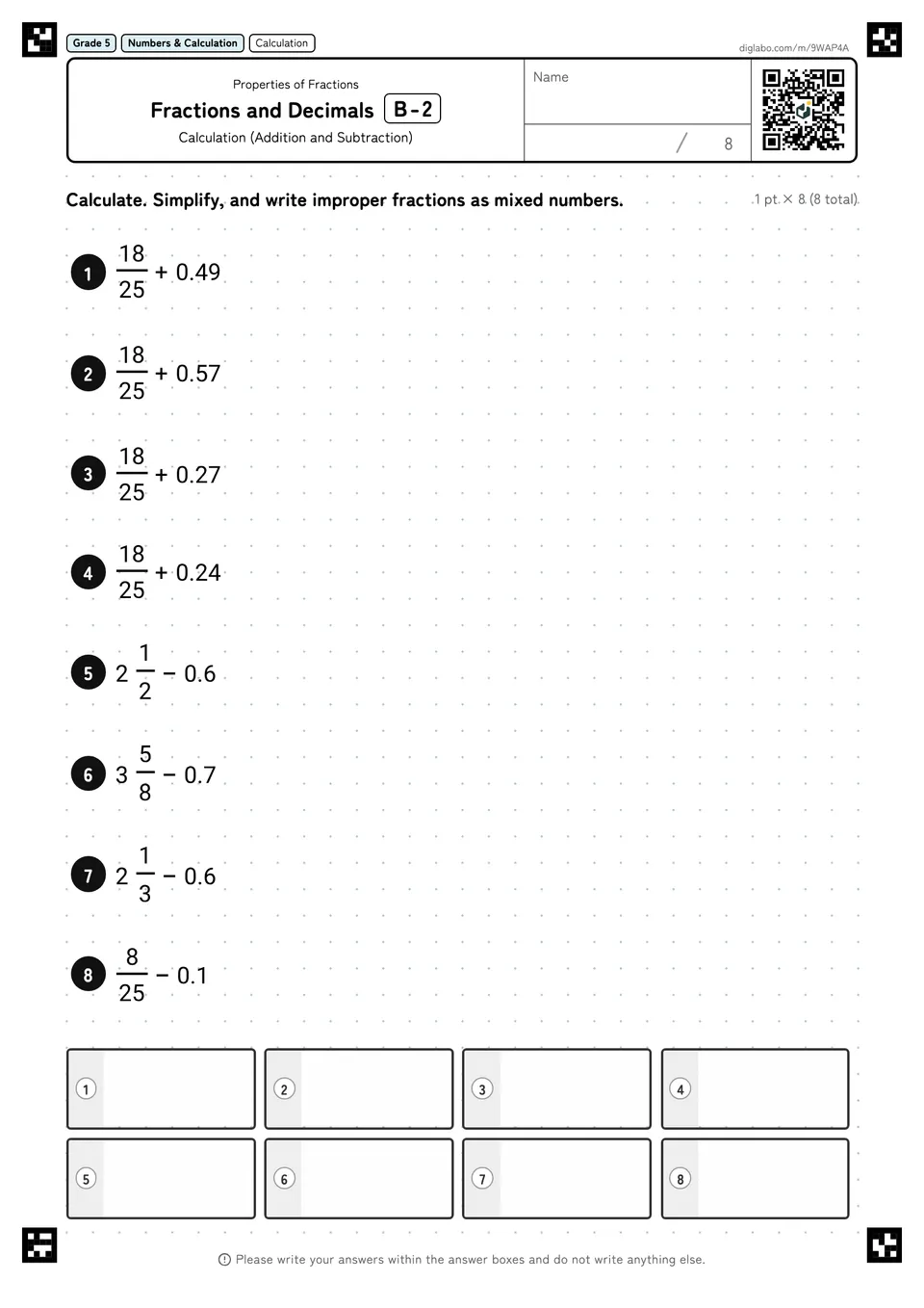 Grade 5 (Elementary School) Properties of Fractions Fractions and Decimals
