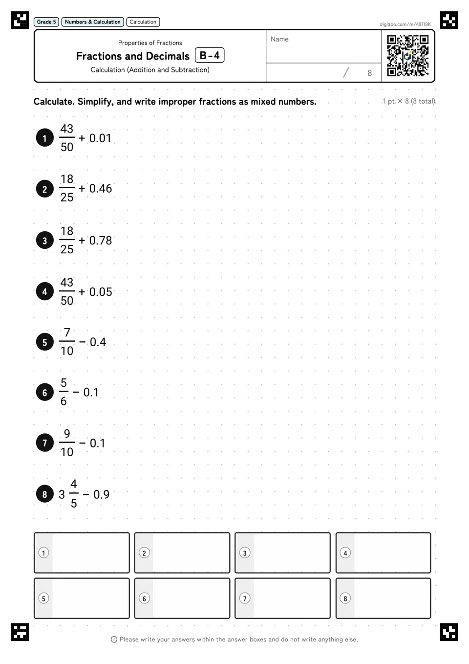 Grade 5 (Elementary School) Properties of Fractions Fractions and Decimals
