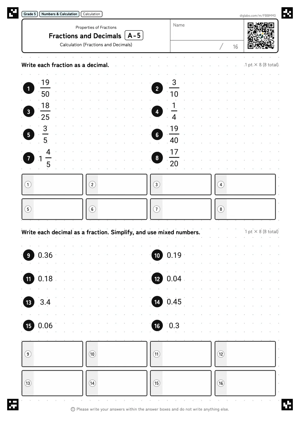 Grade 5 (Elementary School) Properties of Fractions Fractions and Decimals