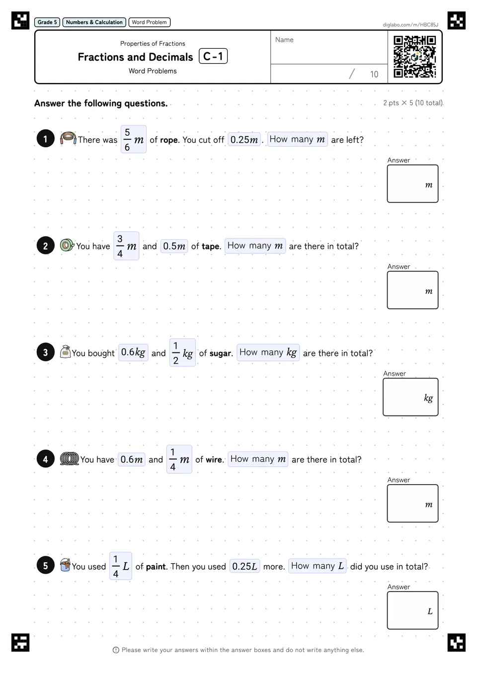 Grade 5 (Elementary School) Properties of Fractions Fractions and Decimals
