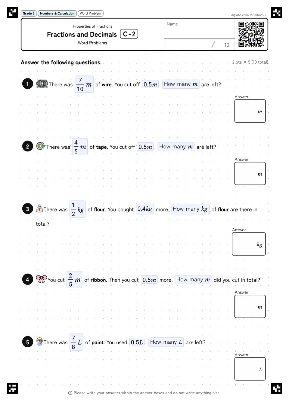 Grade 5 (Elementary School) Properties of Fractions Fractions and Decimals