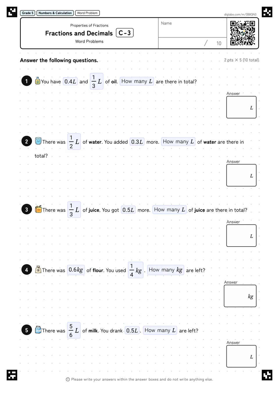 Grade 5 (Elementary School) Properties of Fractions Fractions and Decimals