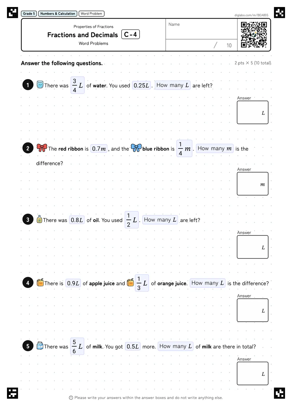 Grade 5 (Elementary School) Properties of Fractions Fractions and Decimals