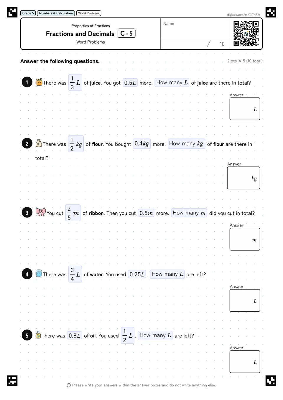 Grade 5 (Elementary School) Properties of Fractions Fractions and Decimals