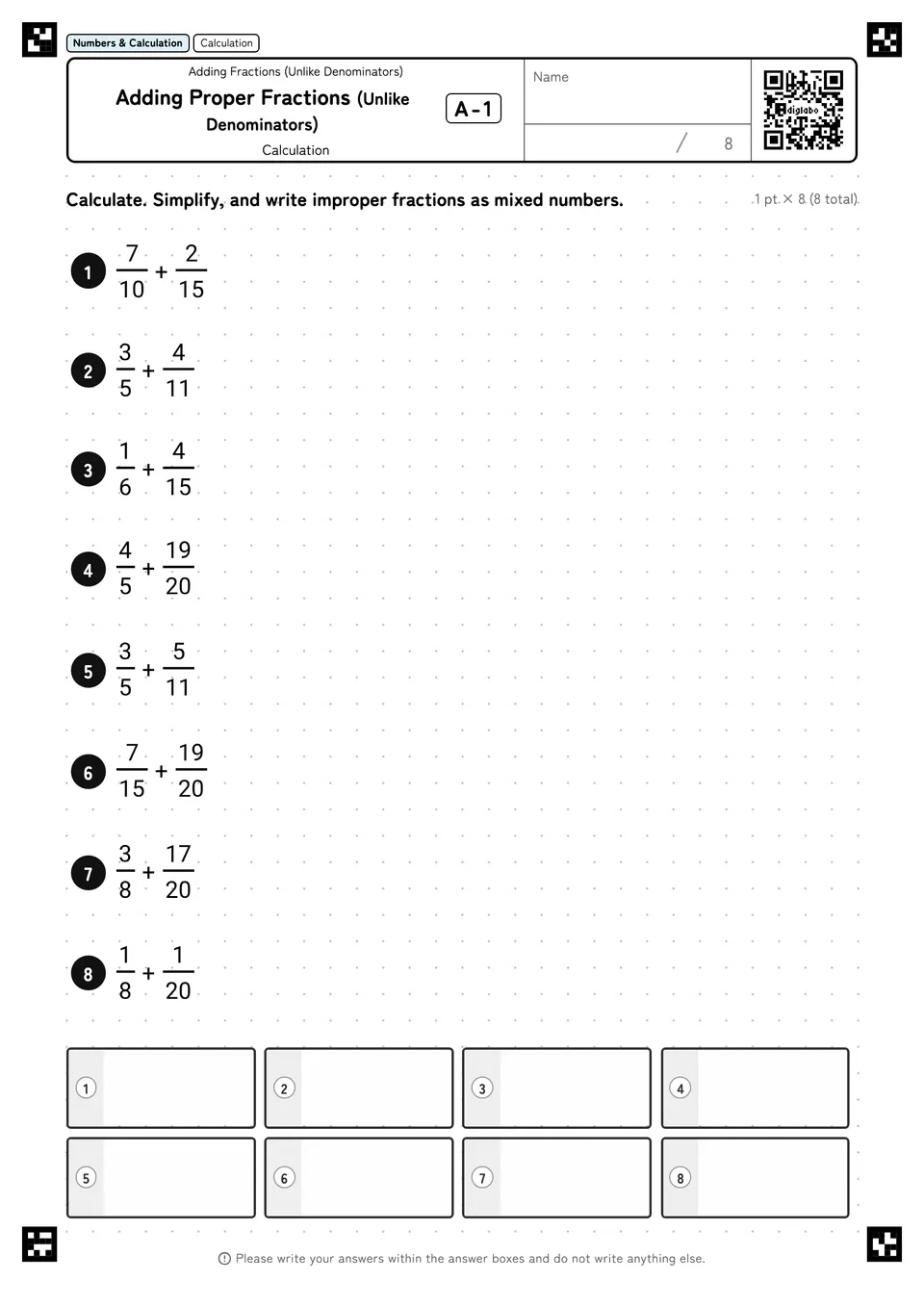 Adding Proper Fractions (Unlike Denominators) A-1