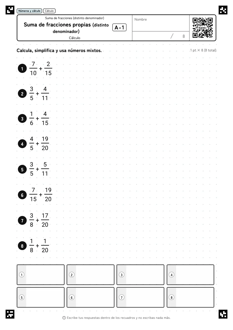Suma de fracciones propias (distinto denominador) A-1