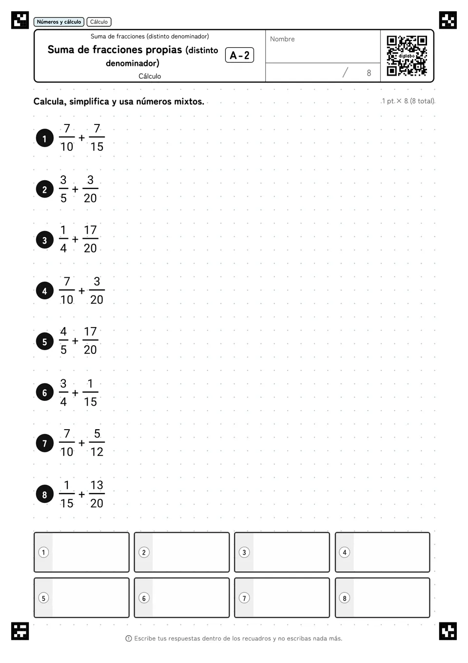 Suma de fracciones propias (distinto denominador) A-2