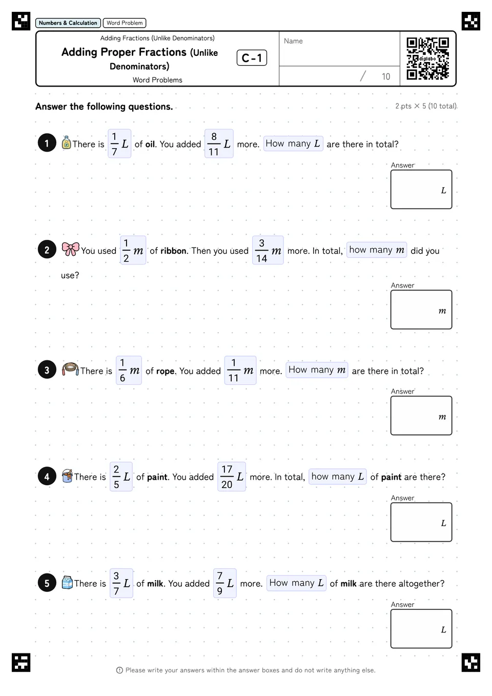 Adding Proper Fractions (Unlike Denominators) C-1