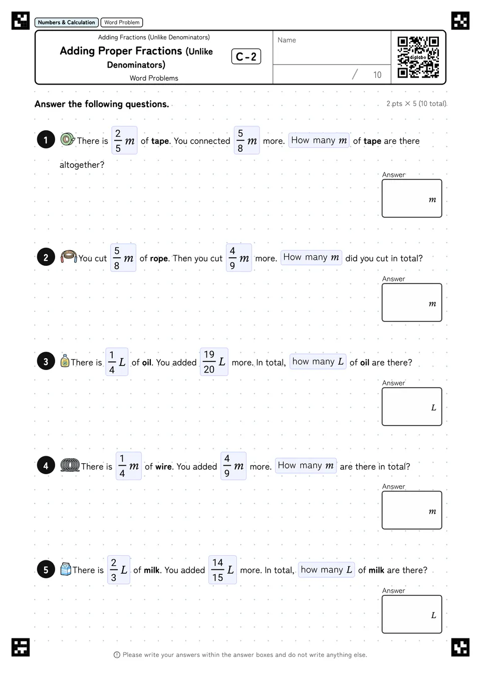 Adding Proper Fractions (Unlike Denominators) C-2