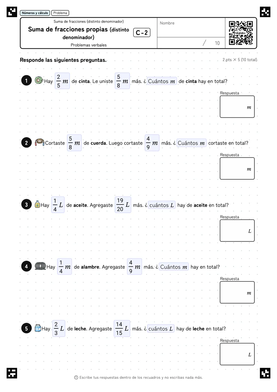 Suma de fracciones propias (distinto denominador) C-2