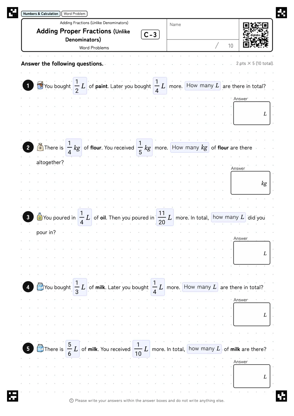 Adding Proper Fractions (Unlike Denominators) C-3