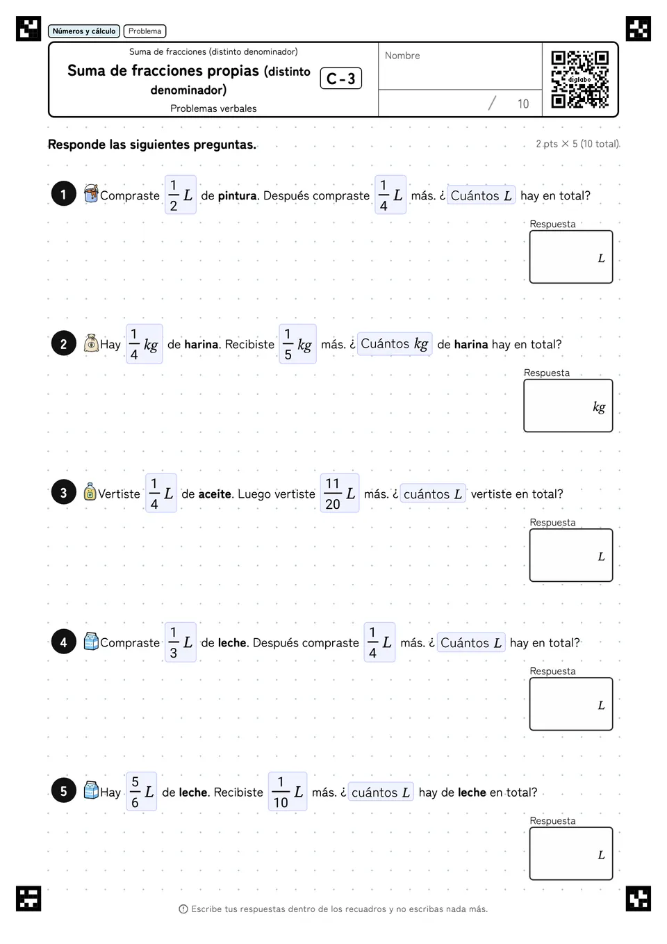 Suma de fracciones propias (distinto denominador) C-3