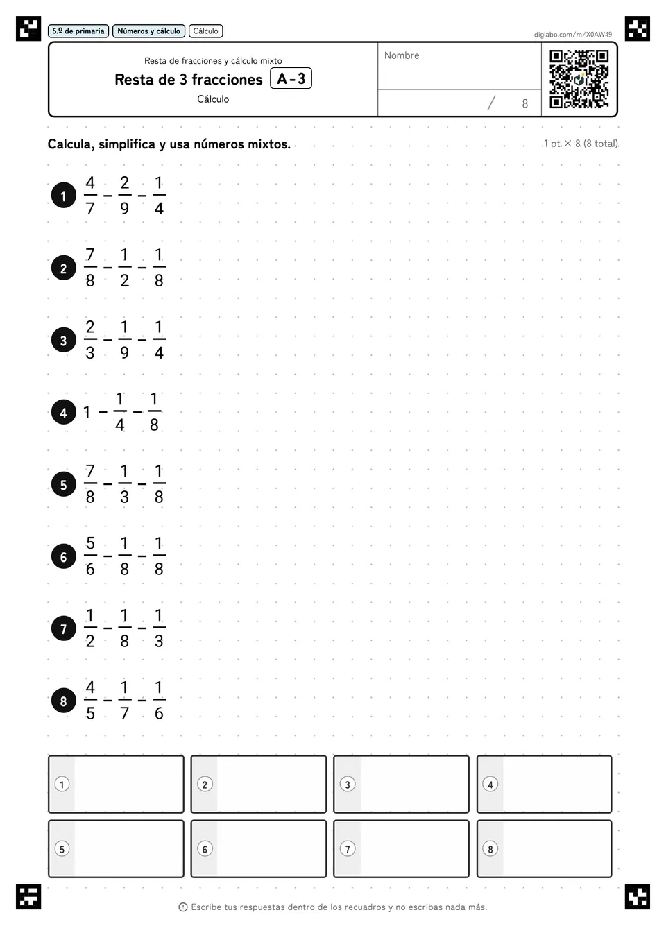 5.º de primaria Resta de fracciones y cálculo mixto Resta de 3 fracciones