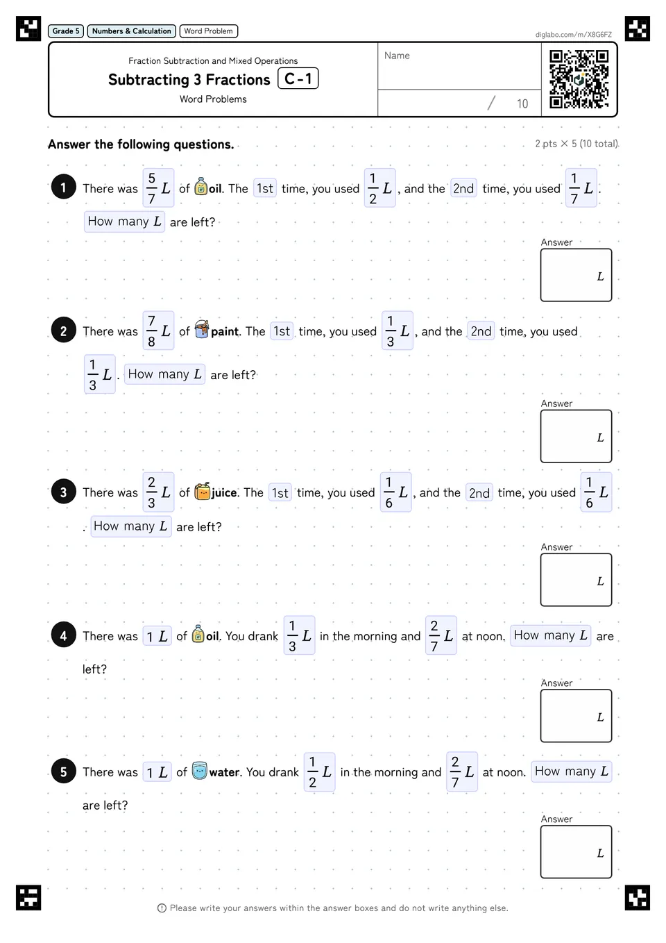 Grade 5 (Elementary School) Fraction Subtraction and Mixed Operations Subtracting 3 Fractions