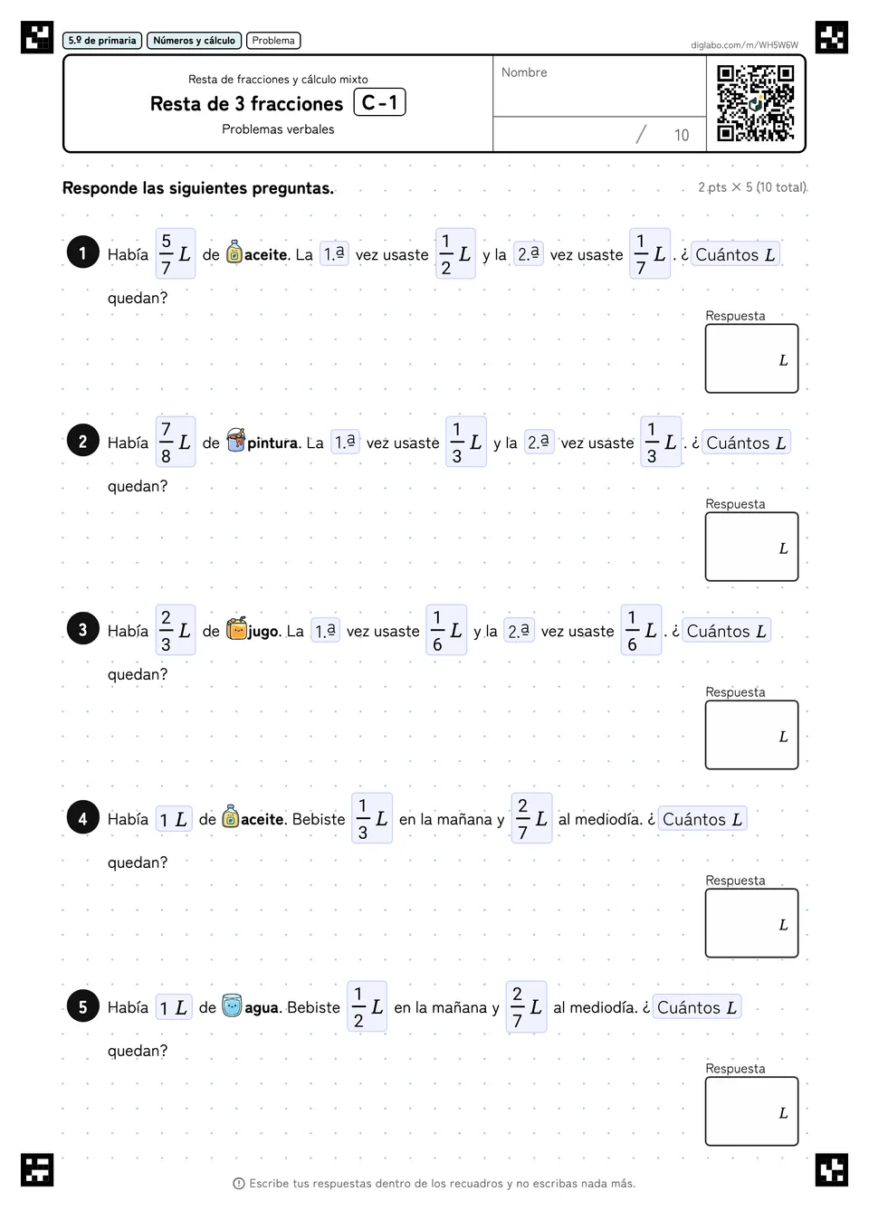 5.º de primaria Resta de fracciones y cálculo mixto Resta de 3 fracciones
