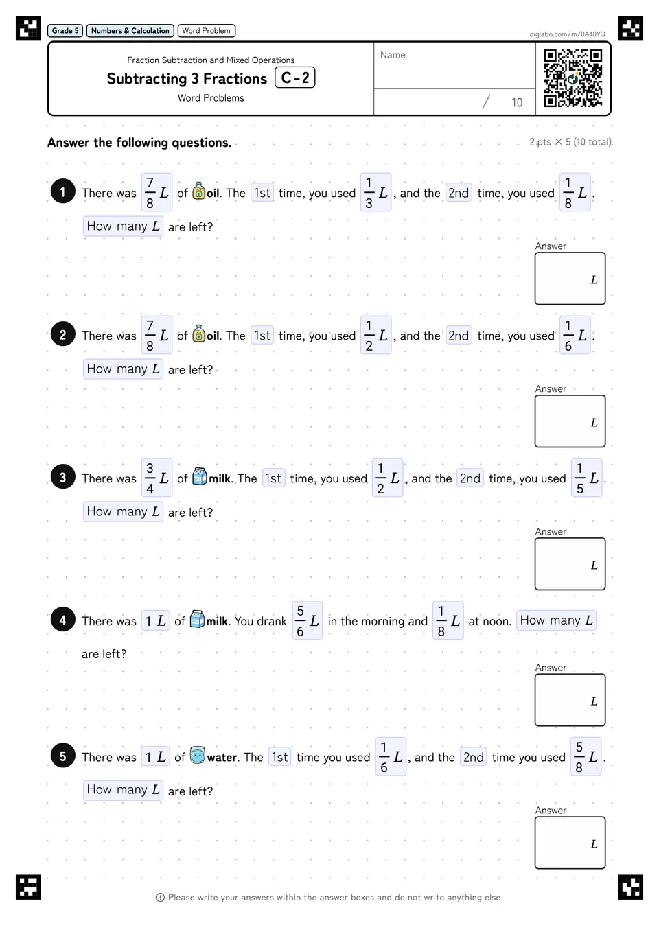 Grade 5 (Elementary School) Fraction Subtraction and Mixed Operations Subtracting 3 Fractions