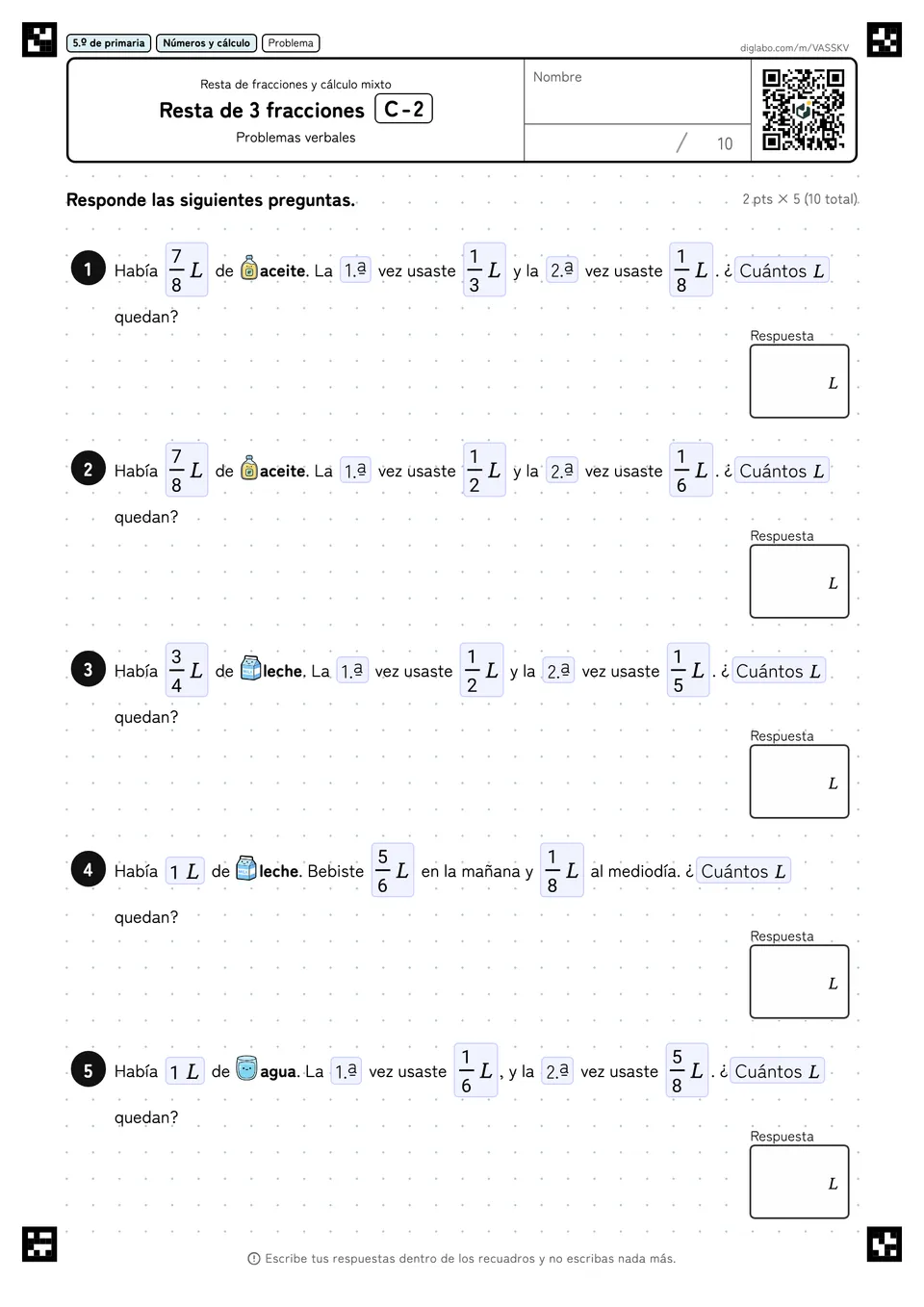 5.º de primaria Resta de fracciones y cálculo mixto Resta de 3 fracciones